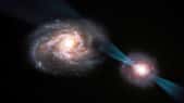 Cette vue d'artiste montre une « joute cosmique » – une fusion galactique dans laquelle la galaxie de droite abrite un quasar en son cœur. Ce quasar est alimenté par un trou noir supermassif qui engloutit la matière environnante et émet un puissant cône de rayonnement, transperçant l'autre galaxie comme une lance. Lorsque ce rayonnement interagit avec la galaxie de gauche, il perturbe les nuages ​​de gaz et de poussière qu'elle contient, ne laissant derrière lui que les régions les plus petites et les plus denses. Ces régions sont probablement rendues incapables de formation d'étoiles après ce processus. © ESO, M. Kornmesser
